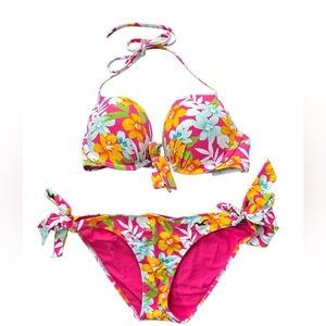 Hollister Push Up Bikini Sz M Hawaiian Floral Pink White Cheeky Bottom Underwire